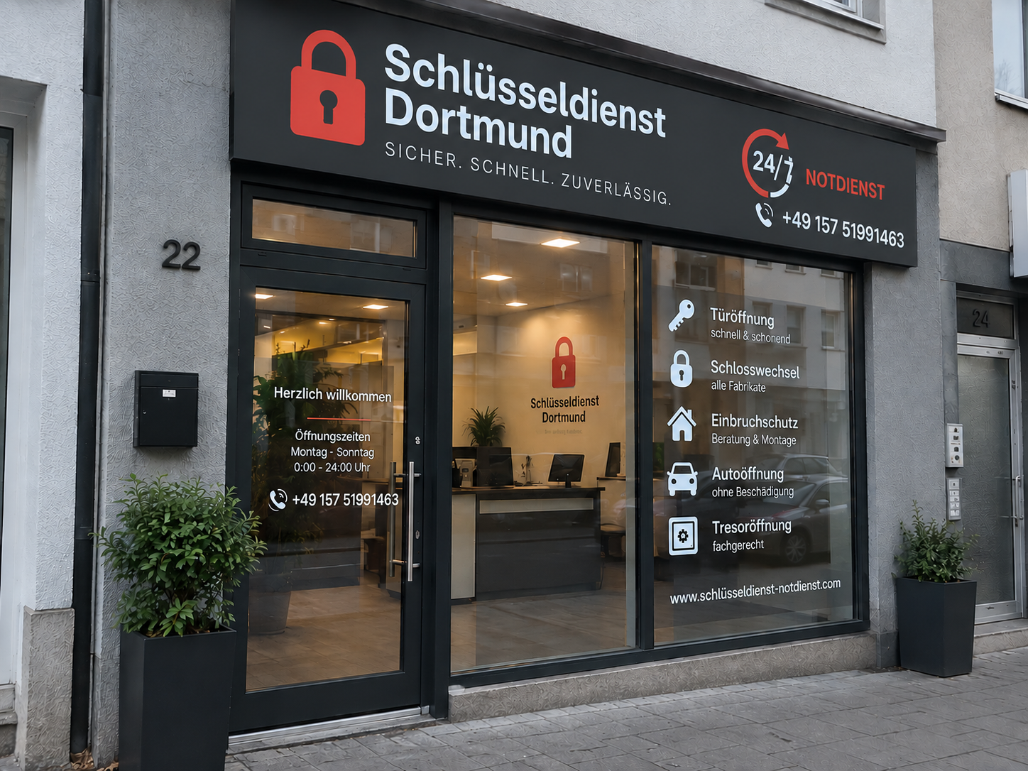 Ladenfront von Schlüsseldienst Dortmund mit rotem Schloss-Logo und Notdienst-Telefonnummer