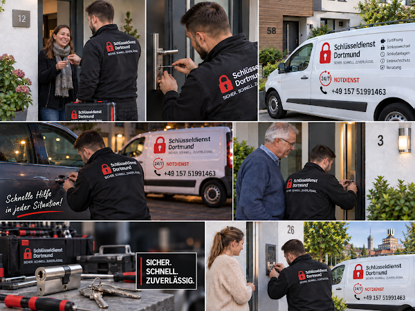 Schlüsseldienst Dortmund Collage: Service-Fahrzeug, Techniker bei der Türöffnung und Werkzeug